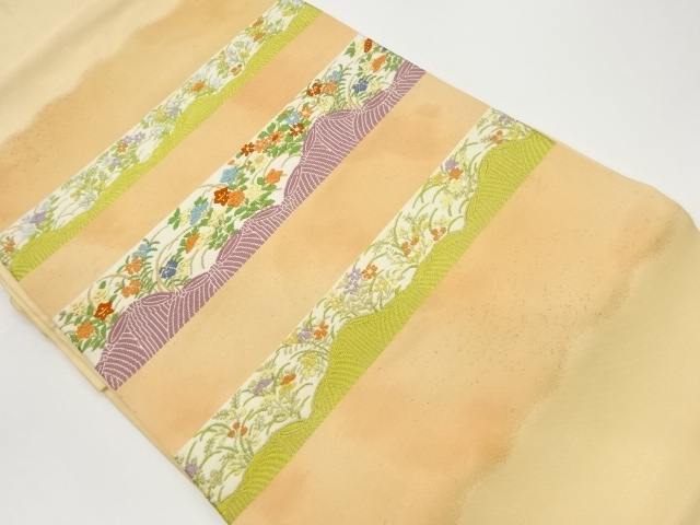 JAPANESE KIMONO / VINTAGE NAGOYA OBI / WOVEN STRIPE & AUTUMN FLOWERS